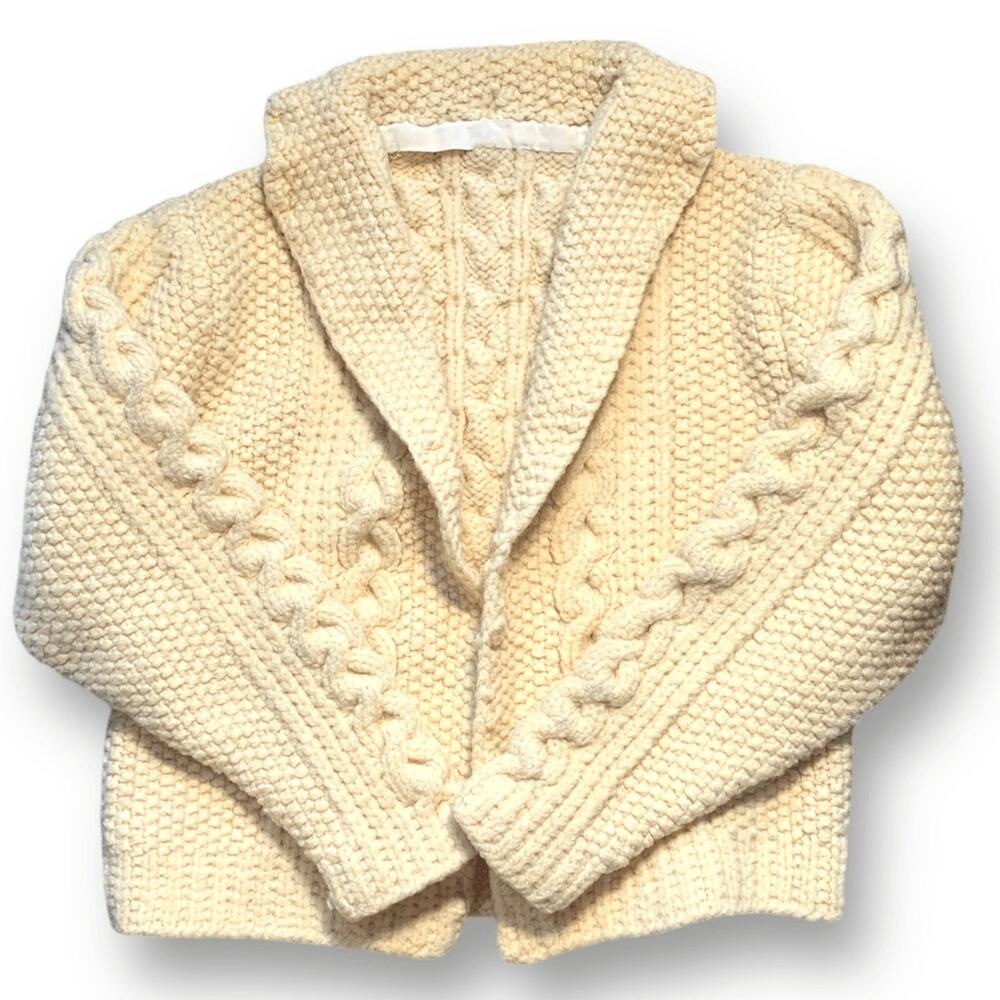 Vintage Hand Knit Chunky Oatmeal Cable Cardigan Sweater Cropped Shawl Collar